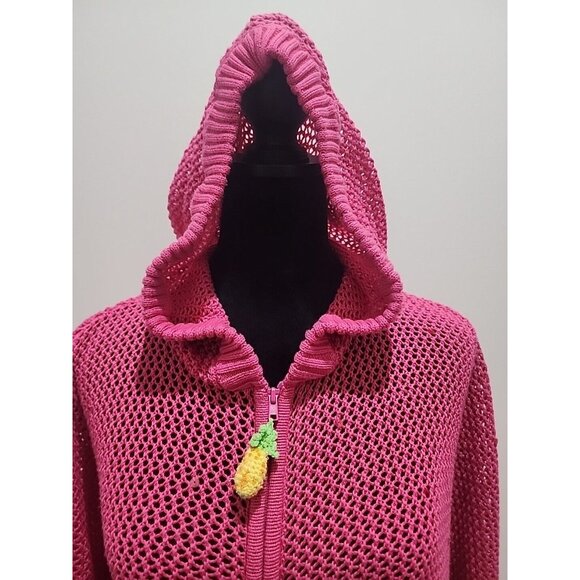 Quacker Factory Womens Jacket Small Sz XL Pink Knit Pineapple Sequin Hood Beaded - Picture 2 of 8